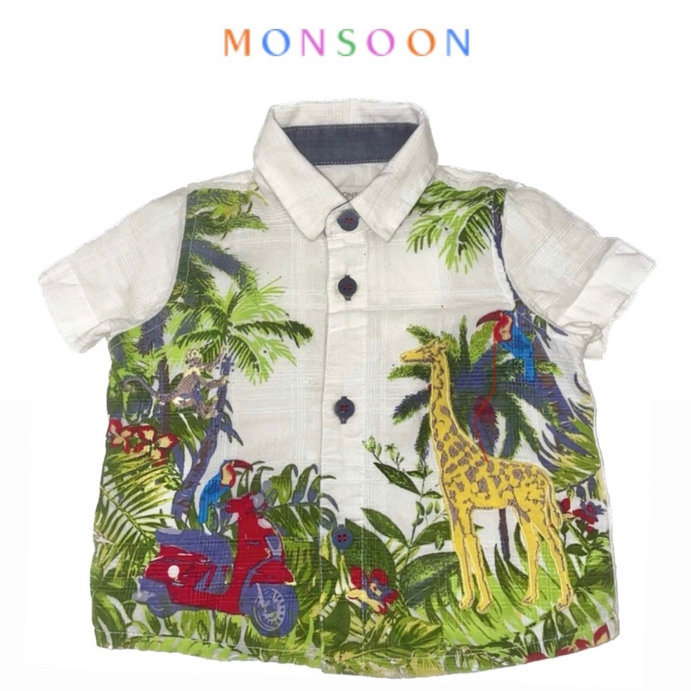 Monsoon White Button Down Baby Shirt 3-6m Jungle Embroidered Monkey🐒 Giraffe🦒